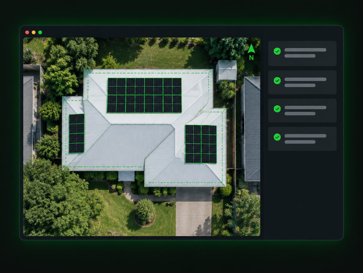 A solar design screen showing an aerial view of a home with solar panels laid out on its roof