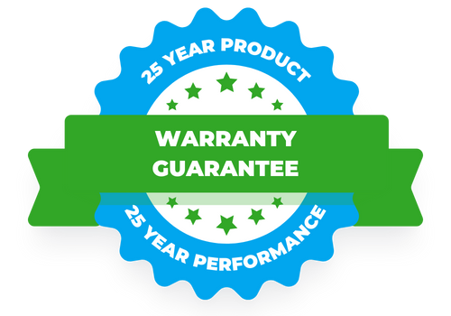 Warranty guarantee badge: 25 year product, 25 year performance